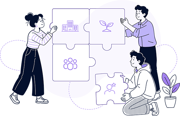 Ilustración de un equipo armando piezas de un rompecabezas que representan organización, crecimiento y colaboración