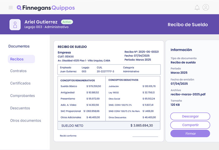 Captura de pantalla del módulo de Recibos en Quippos