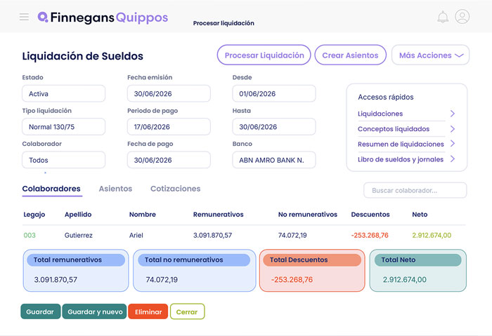 Captura de pantalla del módulo de Sueldos en Quippos
